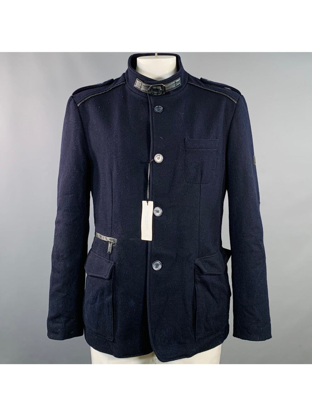 VERSACE Size 46 Navy Black Virgin Wool Blend Epaulets Jacket